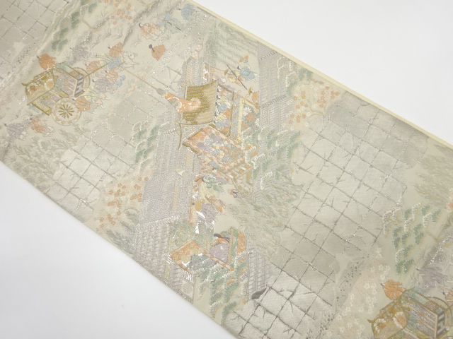 服部織物製　プラチナ箔九百織　京三代祭り模様織り出し　袋帯